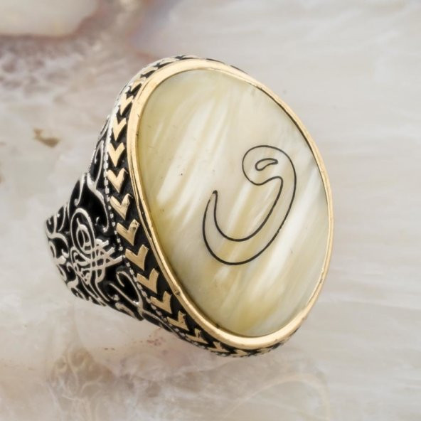 Büyük Sedef Taşlı Vav İşlemeli Gümüş Yüzük - Resim 2