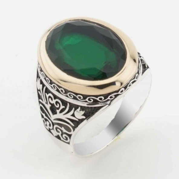 925 Ayar Gümüş Yeşil Zirkon  Taşlı Lale detaylı Erkek Yüzük ürün görseli