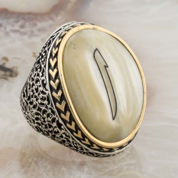 Büyük Sedef Taşlı Elif İşlemeli Gümüş Yüzük - Resim 2