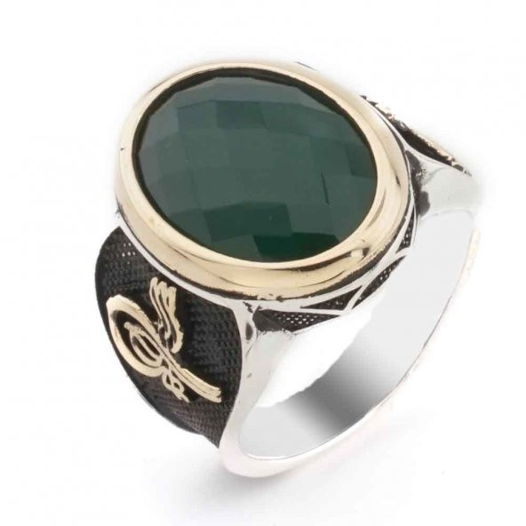 925 Ayar Gümüş Yeşil Zirkon Taşlı Tuğra Detaylı Erkek  Yüzük ürün görseli