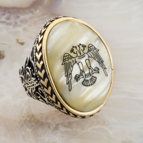 Büyük Sedef Taşlı Selçuklu Kartalı Gümüş Yüzük - Resim 2