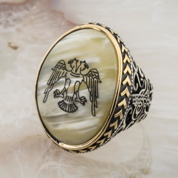 Büyük Sedef Taşlı Selçuklu Kartalı Gümüş Yüzük - Resim 3