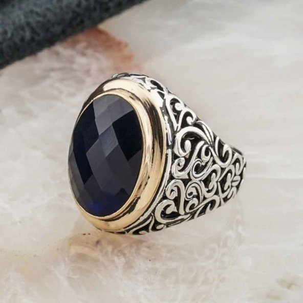 925 Ayar Gümüş Mavi Zirkon Taşlı Erkek Yüzük Model 9 - Resim 3