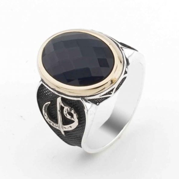 925 Ayar Gümüş Mavi Zirkon  Taşlı Elif Vav Detaylı Erkek Yüzük ürün görseli