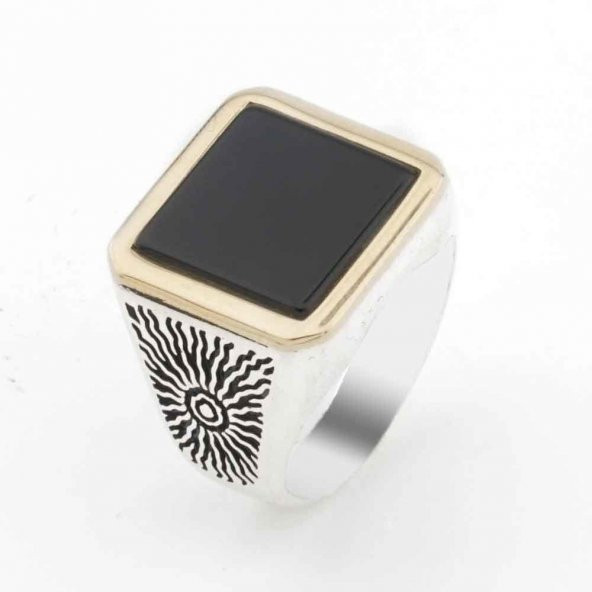 925 Ayar Gümüş Düz Oniks Taşlı Desenli Erkek Yüzük ürün görseli 1