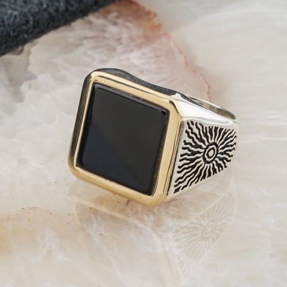 925 Ayar Gümüş Düz Oniks Taşlı Desenli Erkek Yüzük - Resim 3