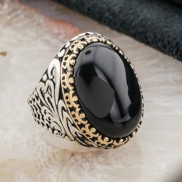 Oval Siyah  Oniks Taşlı Gümüş Erkek  Yüzük - Resim 2