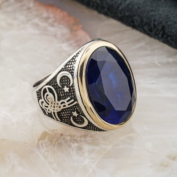 925 Ayar Gümüş  Mavi  Zirkon Taşlı Tuğra Detaylı  Erkek Yüzük - Resim 2