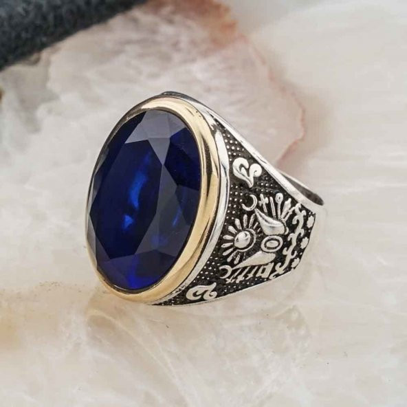 925 Ayar Gümüş  Mavi  Zirkon Taşlı Tuğra Detaylı  Erkek Yüzük - Resim 3