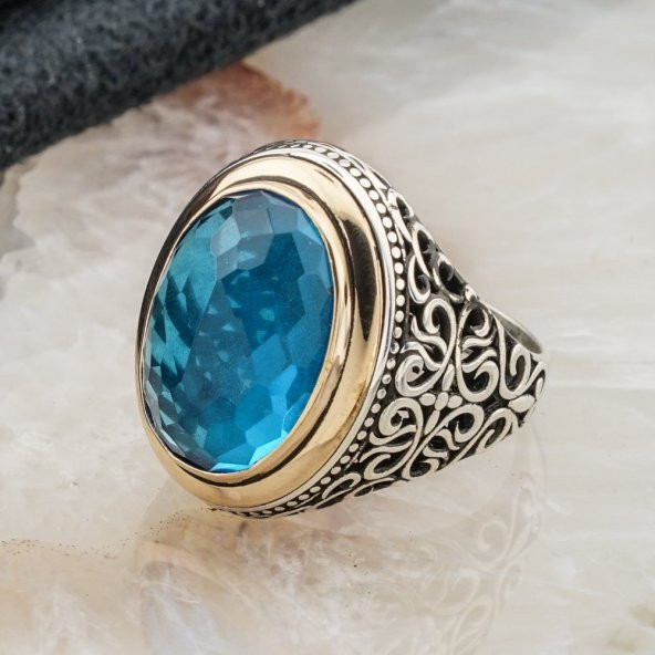 Açık Mavi Zirkon  Taşlı Gümüş Erkek Yüzük - Resim 3