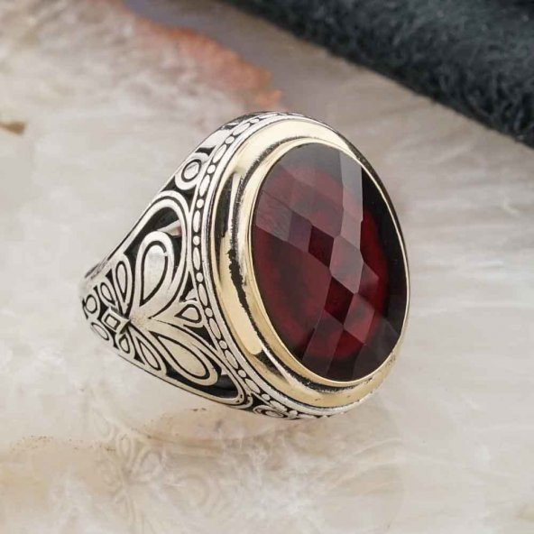 Kırmızı Oval Zirkon  Taşlı Gümüş Erkek Yüzük - Resim 2