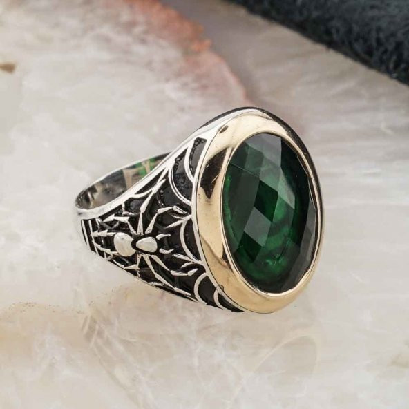 925 Ayar Gümüş Yeşil Zirkon Taşlı Örümcek Detaylı  Erkek Yüzük - Resim 2