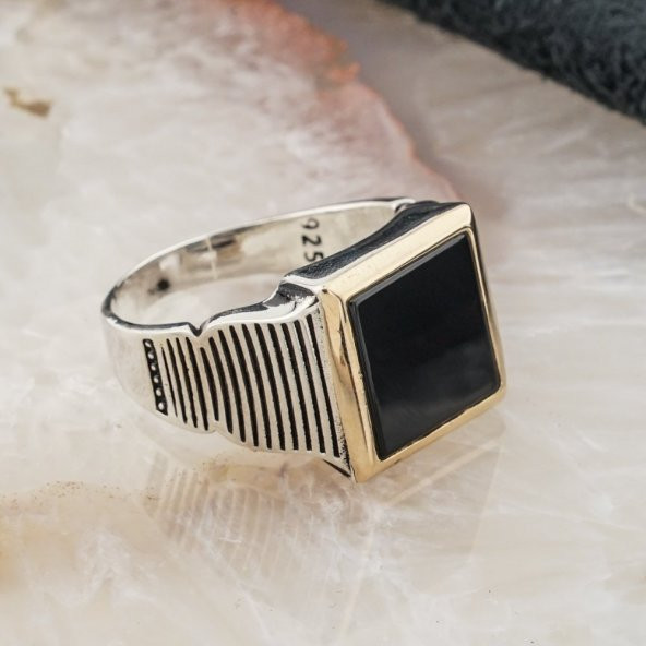 Kare Siyah Oniks Taşlı Gümüş Erkek Yüzük - Resim 2