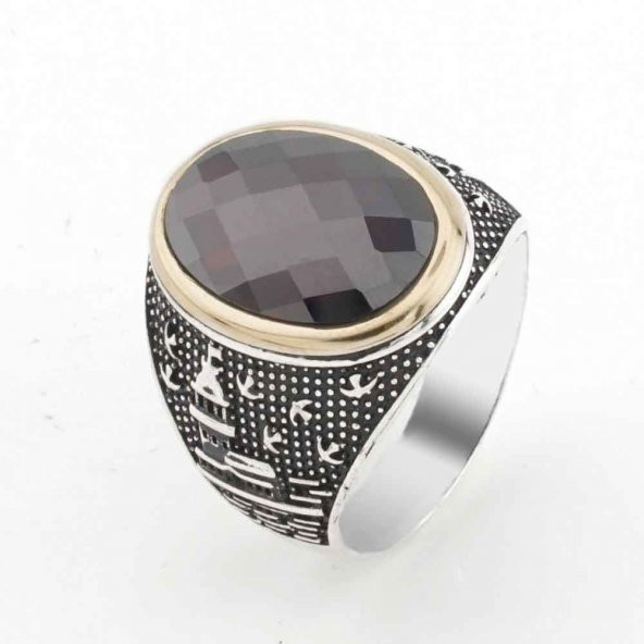 Kırmızı Zirkon Taşlı Kız Kulesi Desenli Gümüş Erkek Yüzük ürün görseli