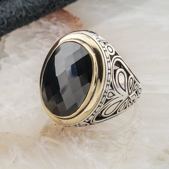 Siyah Zirkon Oval Taşlı Gümüş Erkek Yüzük - Resim 3