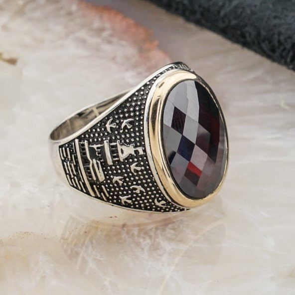 Kırmızı Zirkon Taşlı Kız Kulesi Desenli Gümüş Erkek Yüzük - Resim 2