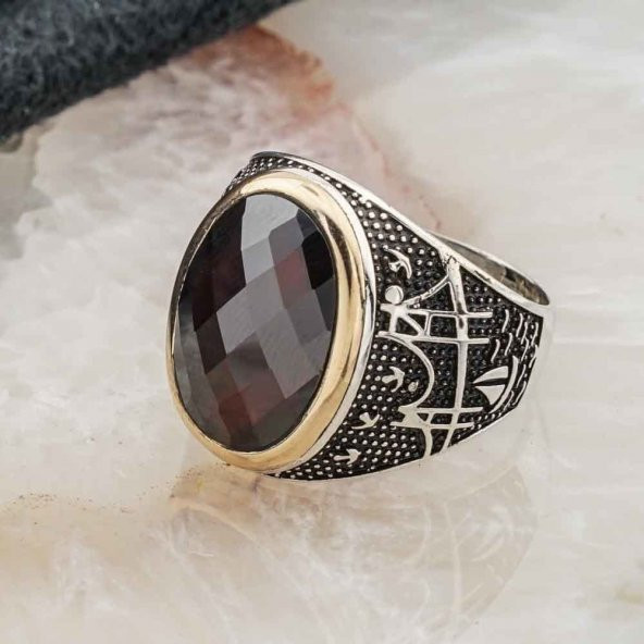 Kırmızı Zirkon Taşlı Kız Kulesi Desenli Gümüş Erkek Yüzük - Resim 3