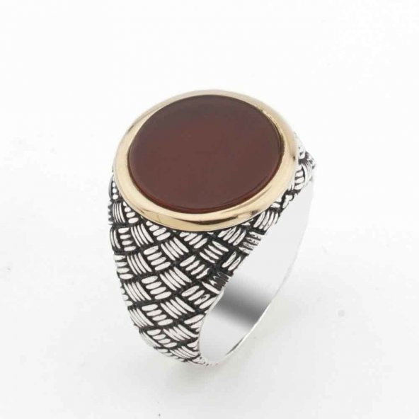 925 Ayar Gümüş Yuvarlak  Akik Taşlı Erkek Gümüş Yüzük ürün görseli