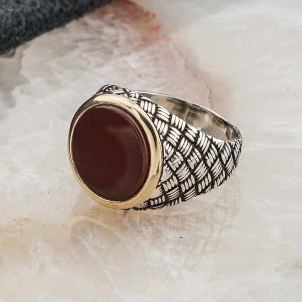 925 Ayar Gümüş Yuvarlak  Akik Taşlı Erkek Gümüş Yüzük - Resim 3