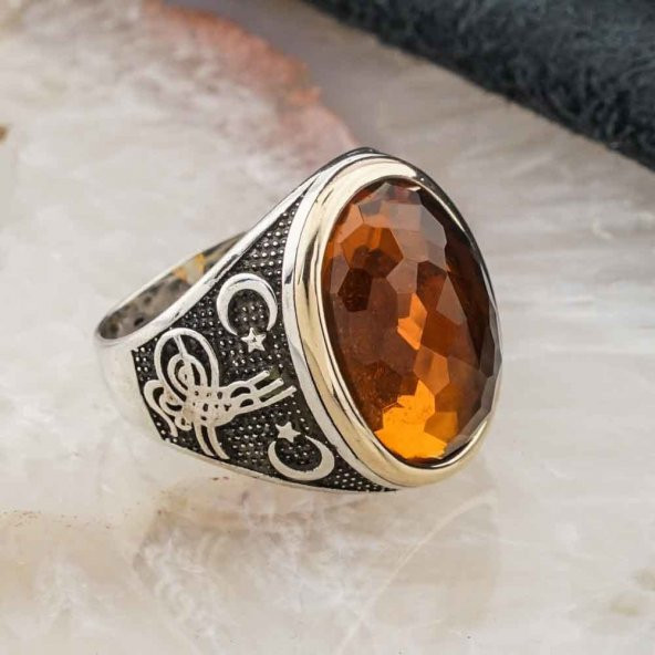 925 Ayar Gümüş Sarı Zirkon  Taşlı Erkek Yüzük - Resim 2