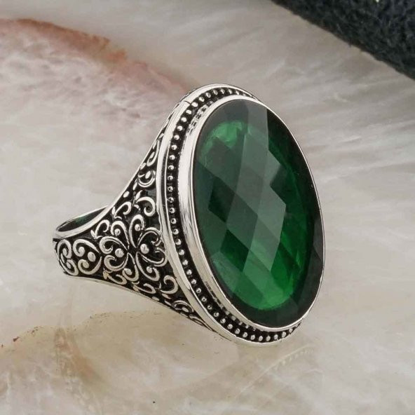 925 Ayar Gümüş Yeşil Zirkon Taşlı Erkek  Yüzük - Resim 2