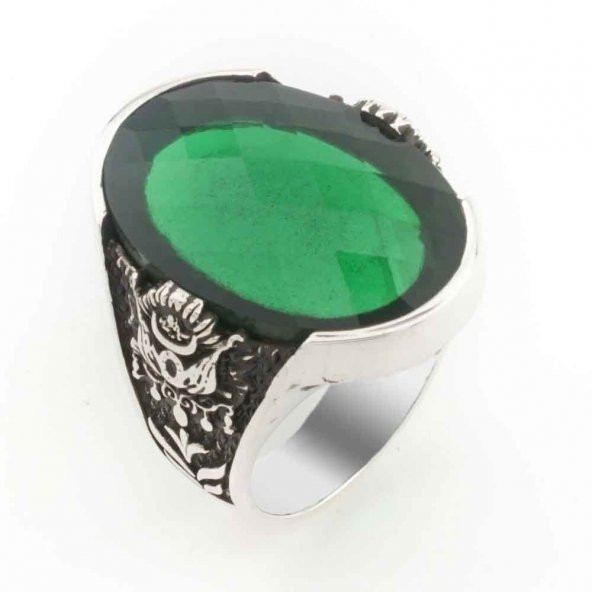 Osmanlı Tuğralı Yeşil Zirkon Taşlı Gümüş Yüzük ürün görseli