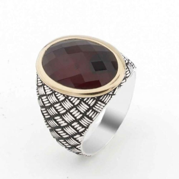 925 Ayar Gümüş Kırmızı Zirkon Taşlı Desenli Erkek Yüzük ürün görseli