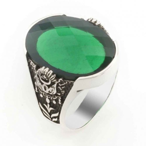 Osmanlı Devlet Armalı Büyük  Yeşil Zirkon Taşlı Erkek Yüzük ürün görseli