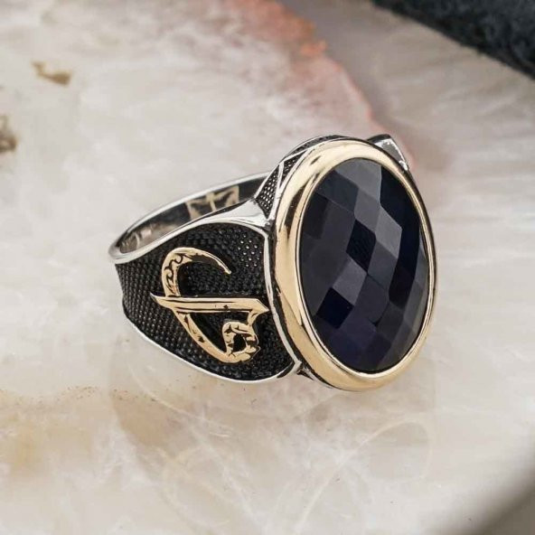 925 Ayar Gümüş Mavi Zirkon  Taşlı Elif Vav Detaylı Erkek Yüzük - Resim 2