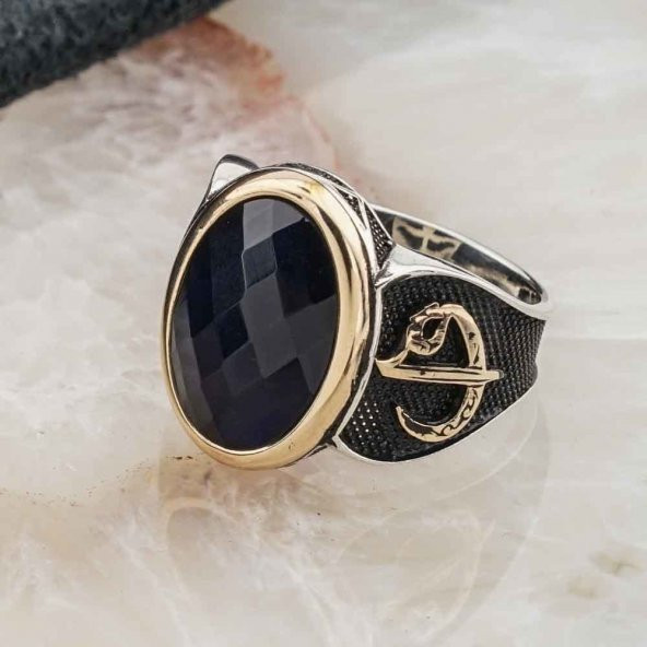 925 Ayar Gümüş Mavi Zirkon  Taşlı Elif Vav Detaylı Erkek Yüzük - Resim 3