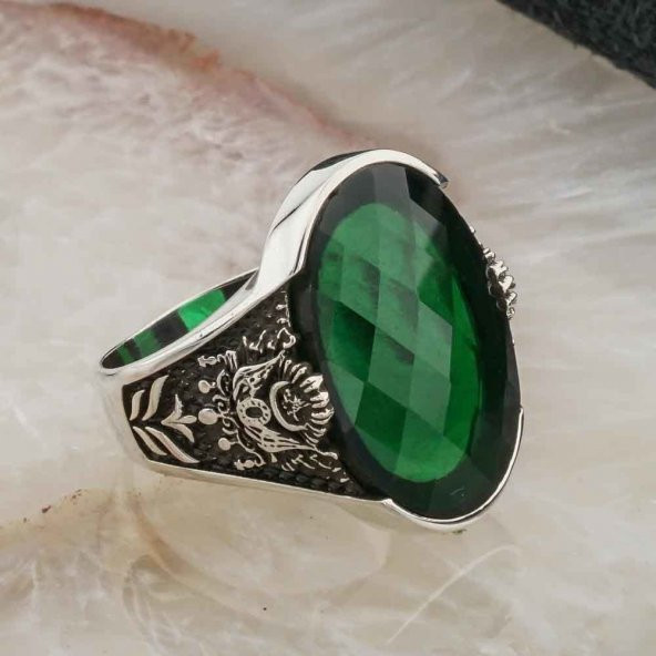 Osmanlı Devlet Armalı Büyük  Yeşil Zirkon Taşlı Erkek Yüzük - Resim 2