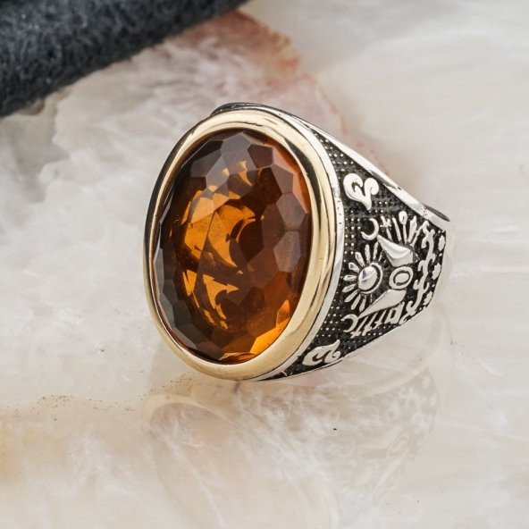 925 Ayar Gümüş Sarı Zirkon  Taşlı Erkek Yüzük - Resim 3