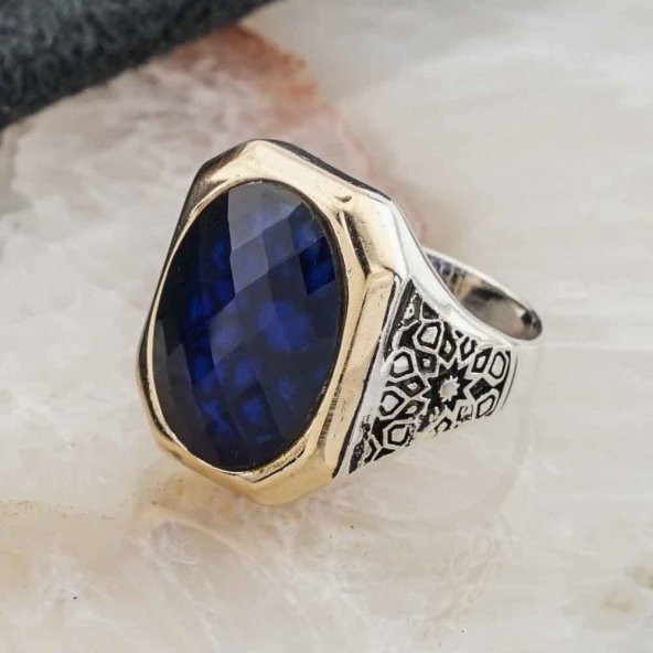 925 Ayar Gümüş Mavi Zirkon Taşlı Erkek Yüzük Model 11 - Resim 3