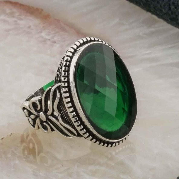 925 ayar Gümüş Yeşil Zirkon  Taşlı Erkek Yüzük - Resim 2