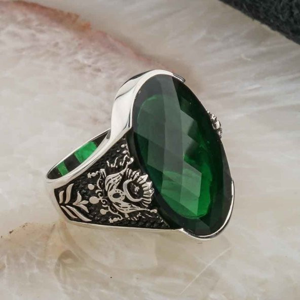 Osmanlı Tuğralı Yeşil Zirkon Taşlı Gümüş Yüzük - Resim 2