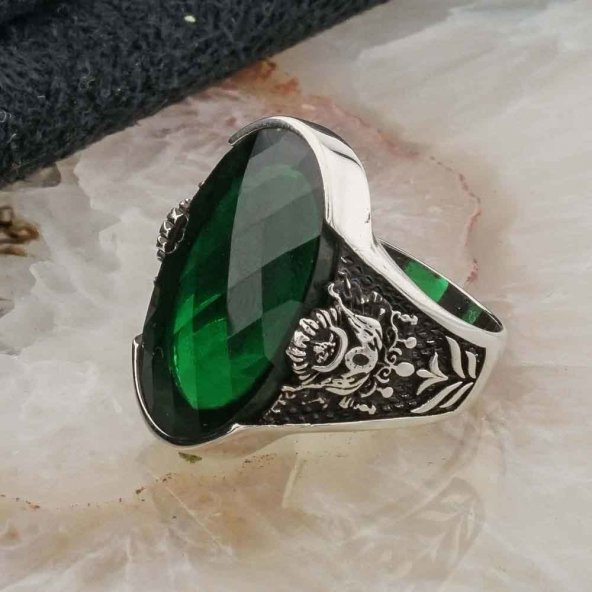 Osmanlı Tuğralı Yeşil Zirkon Taşlı Gümüş Yüzük - Resim 3