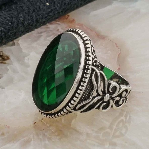 925 ayar Gümüş Yeşil Zirkon  Taşlı Erkek Yüzük - Resim 3