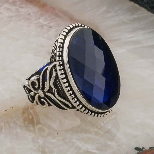 925 Ayar Gümüş Mavi  Oval Zirkon Taşlı Erkek Yüzük - 2