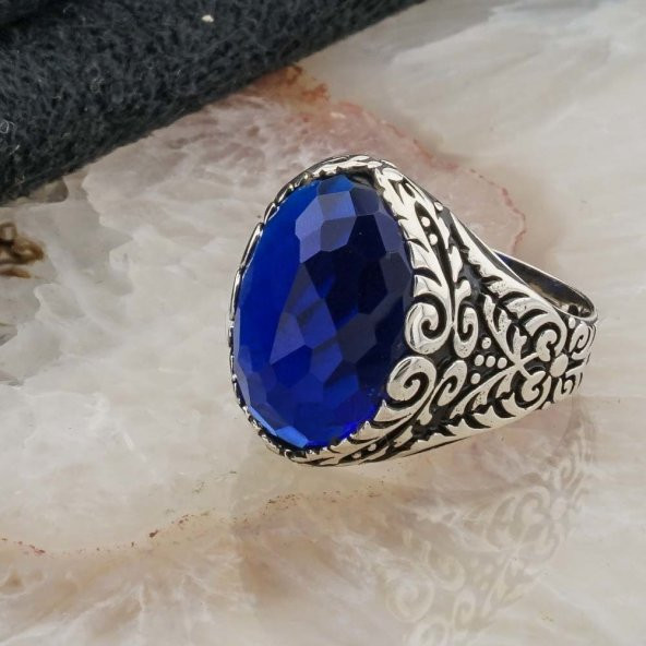 925 Ayar Gümüş Mavi  Oval Zirkon Taşlı Erkek Yüzük - Resim 3