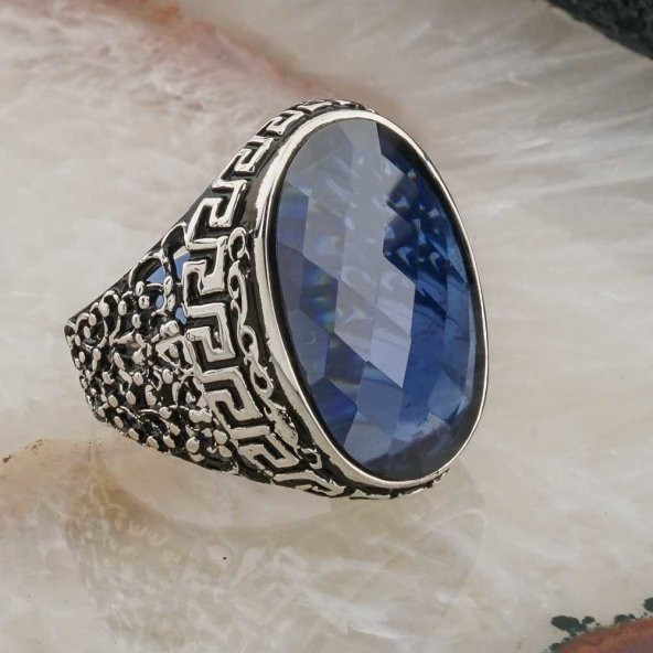 Mavi Zirkon Oval Taşlı Gümüş Erkek  Yüzük - Resim 2