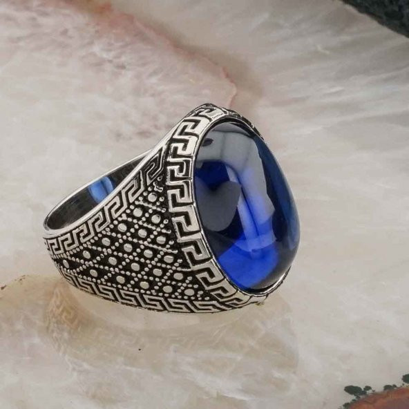 925 ayar Gümüş Mavi Bombeli  Oval Taşlı Erkek Yüzük - Resim 2