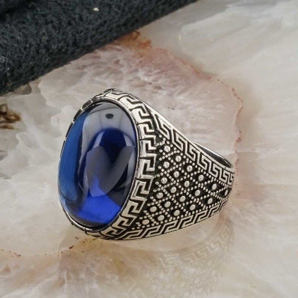 925 ayar Gümüş Mavi Bombeli  Oval Taşlı Erkek Yüzük - Resim 3