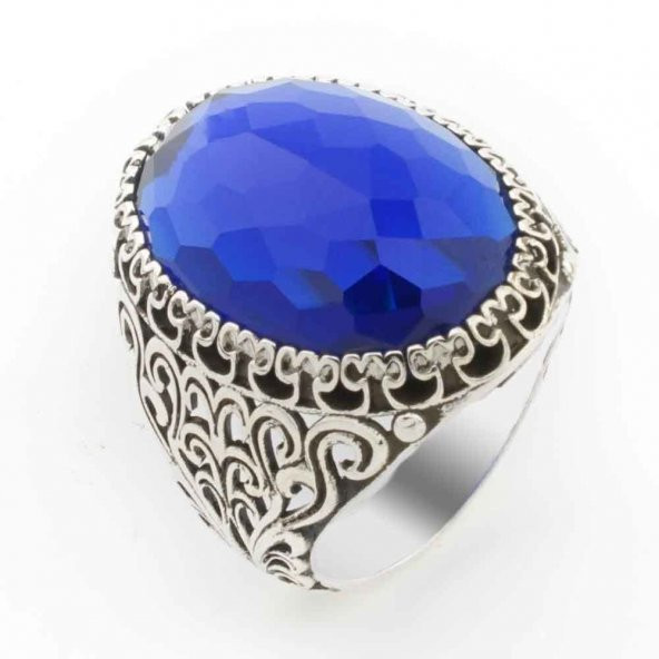 Mavi Büyük Oval Zirkon Taşlı  Erkek  Gümüş Yüzük ürün görseli