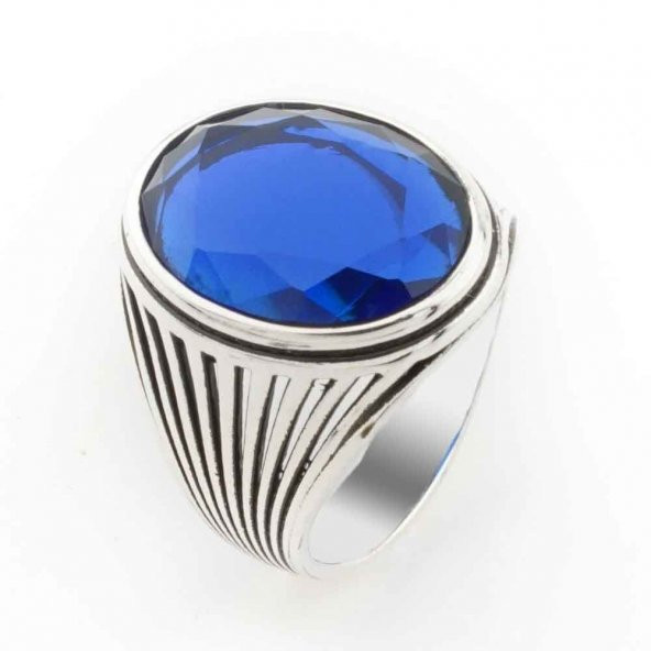 925 Ayar Gümüş Oval Mavi  Zirkon Taşlı Erkek Yüzük ürün görseli 1
