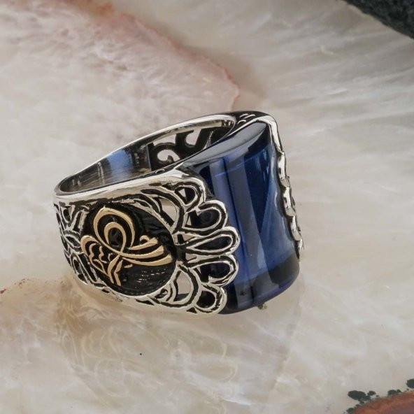 Osmanlı Tuğralı Mavi Zirkon  Taşlı Erkek Gümüş Yüzük - Resim 2