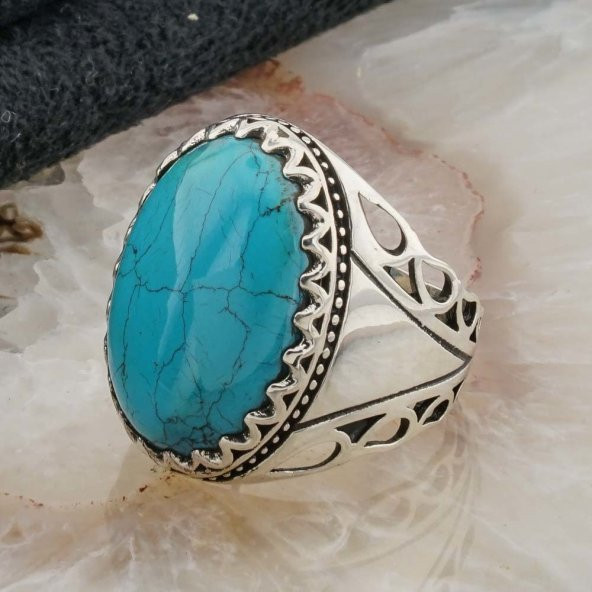 925 Ayar Gümüş Oval Firuze Taşlı Erkek Yüzük Model 3 - Resim 3