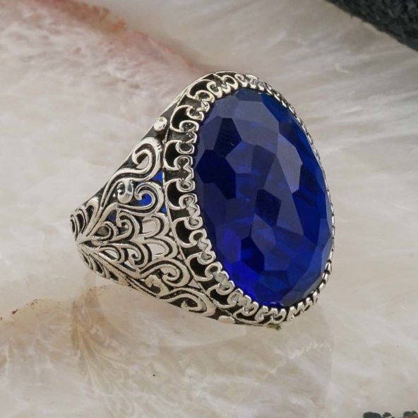 Mavi Büyük Oval Zirkon Taşlı  Erkek  Gümüş Yüzük - Resim 2