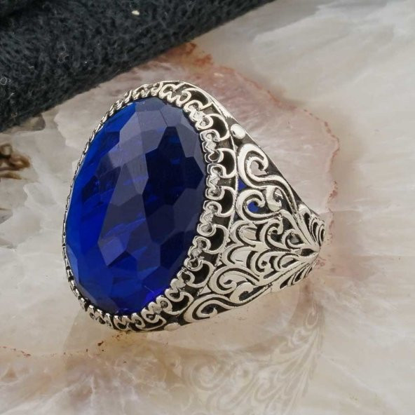 Mavi Büyük Oval Zirkon Taşlı  Erkek  Gümüş Yüzük - Resim 3