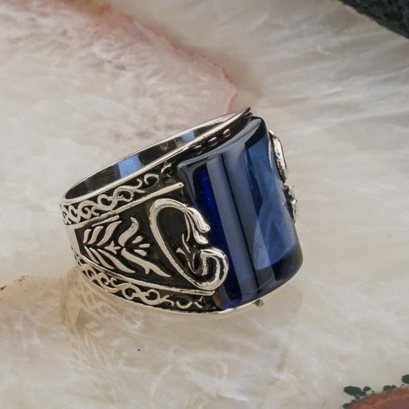 Mavi Zirkon Taşlı Elif Vav Detaylı Erkek Gümüş Yüzük - Resim 2