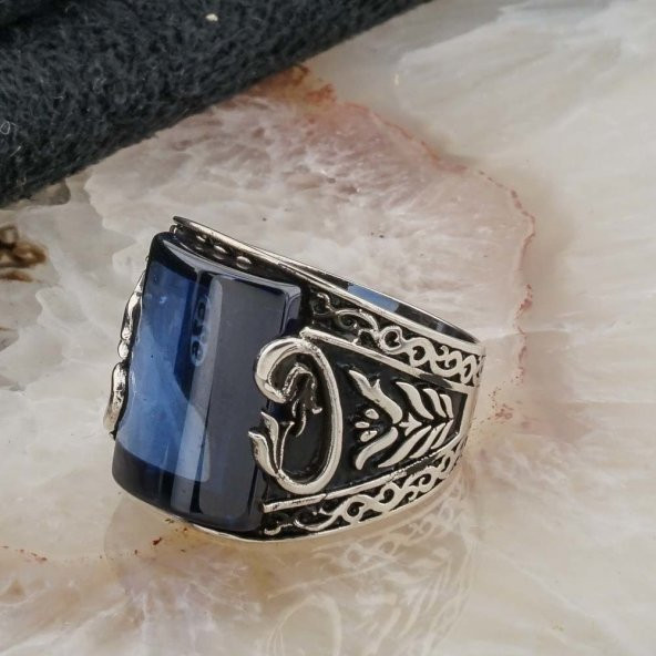 Mavi Zirkon Taşlı Elif Vav Detaylı Erkek Gümüş Yüzük - Resim 3